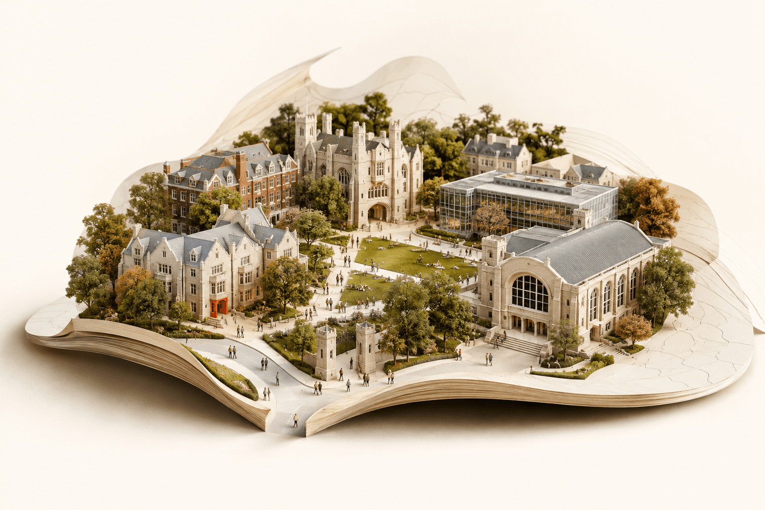 AI-generated illustration of a miniature campus rising from an open book; not a depiction of any institution