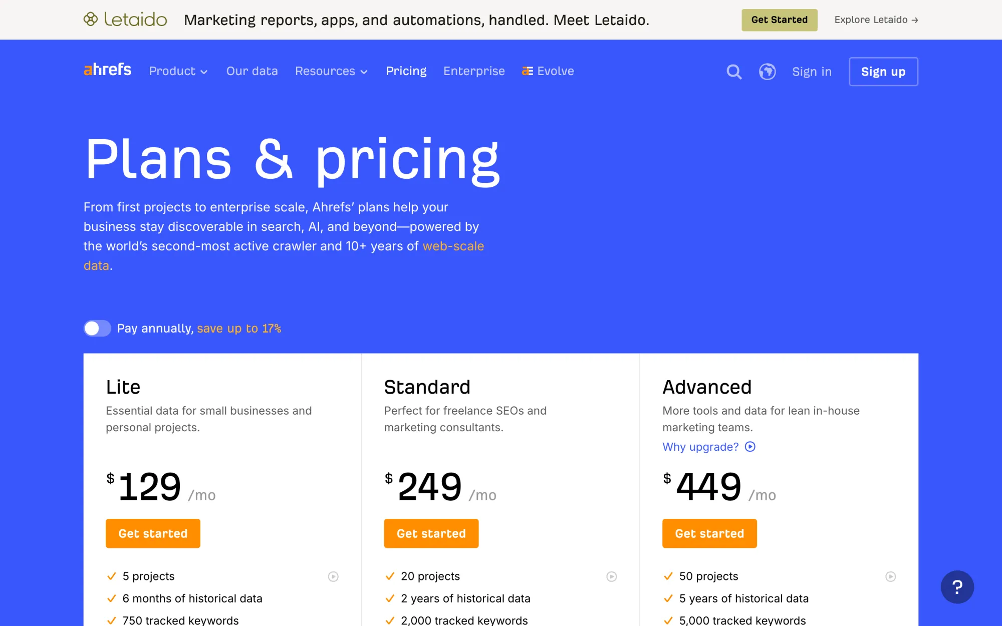 Ahrefs pricing page showing Lite, Standard and Advanced plans with 5, 10 and 20 tracked AI prompts