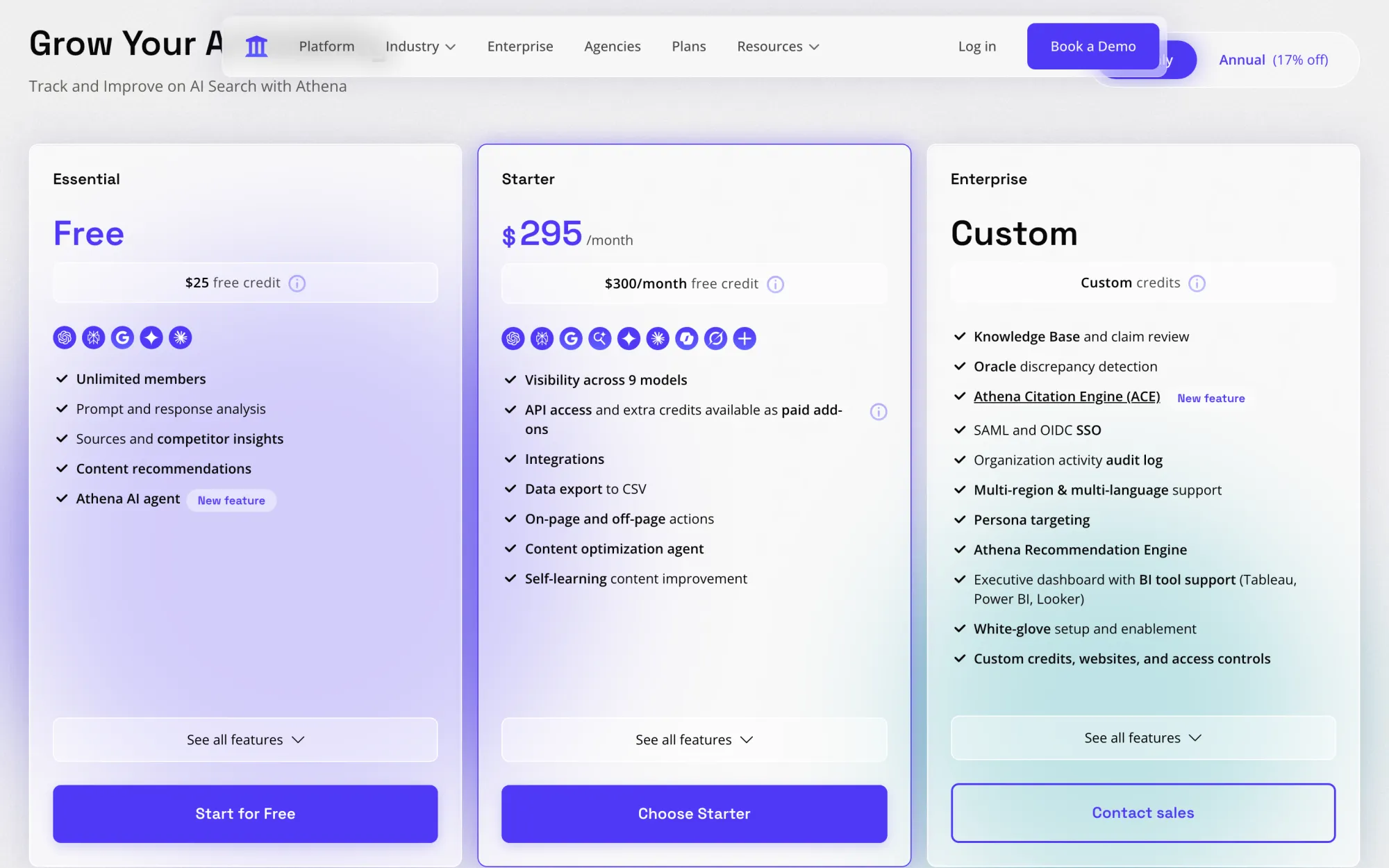 AthenaHQ's pricing page showing a free Essential tier, Starter at $295 a month and custom Enterprise