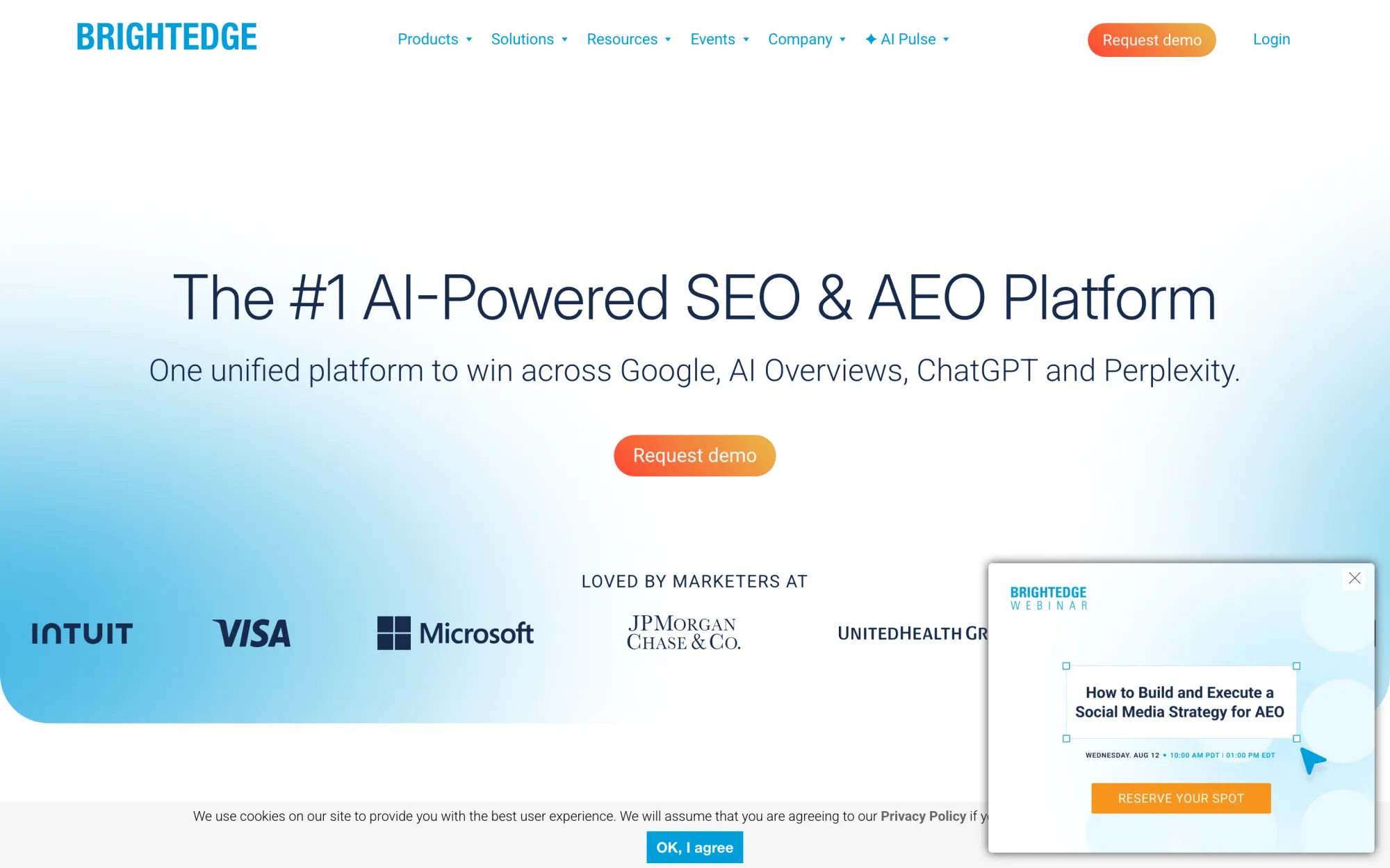 BrightEdge's homepage calling itself the #1 AI-powered SEO and AEO platform, with demo request CTAs