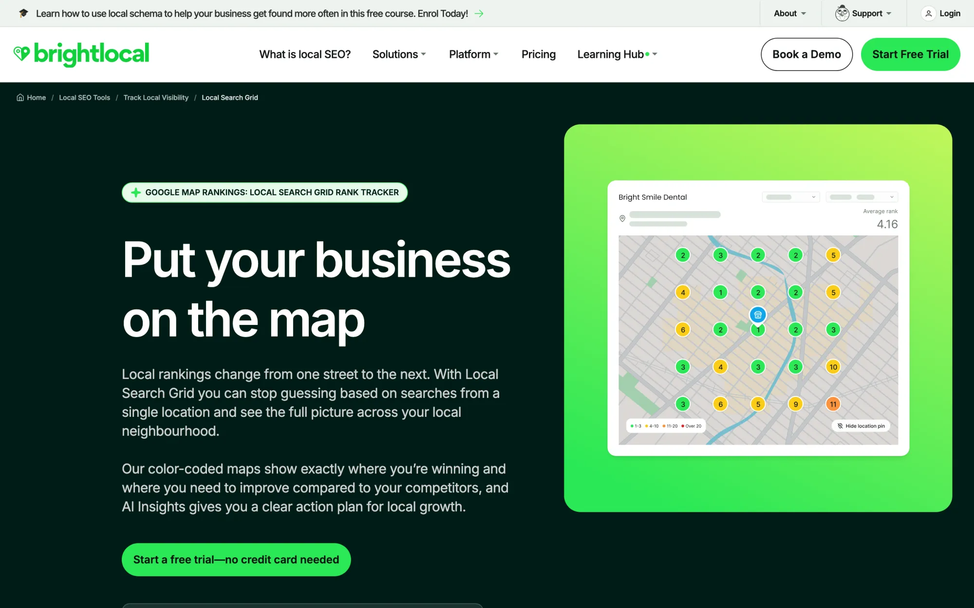 BrightLocal's Local Search Grid page showing a color-coded geo-grid map of local rankings