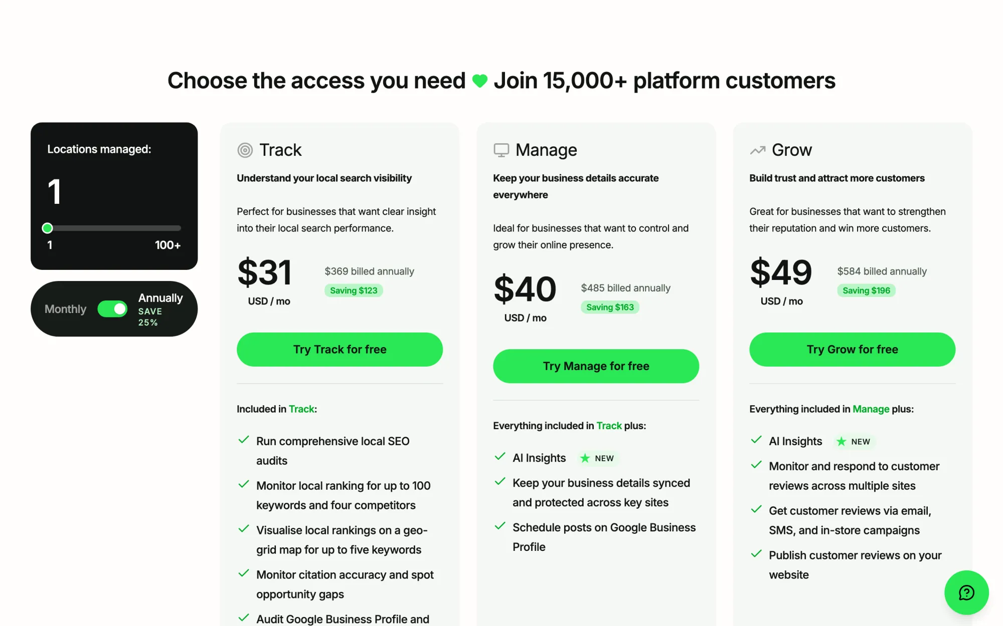 BrightLocal's pricing page with Track, Manage and Grow tiers priced per location