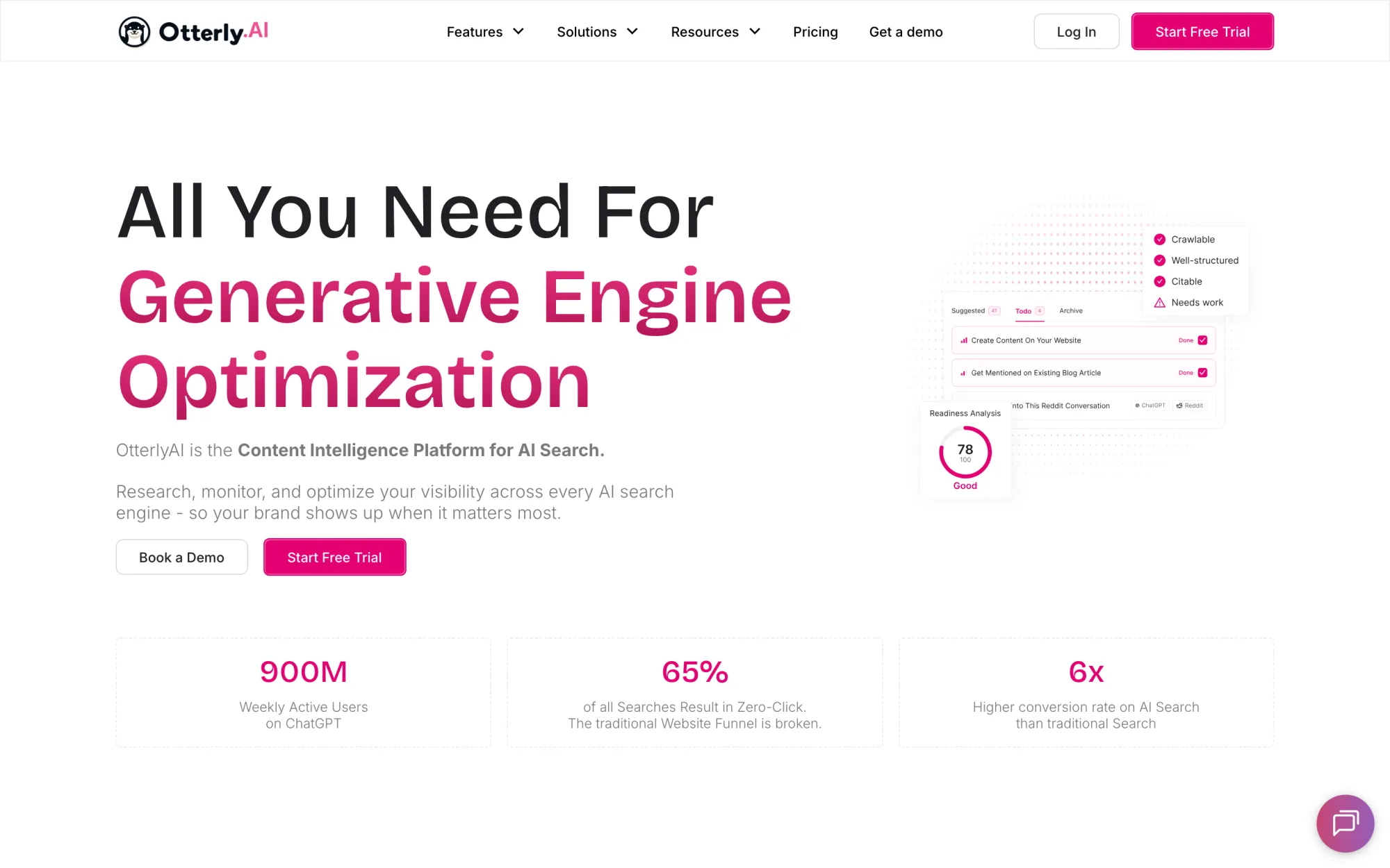 Otterly's features page showing AI search monitoring, audits and recommendation tooling