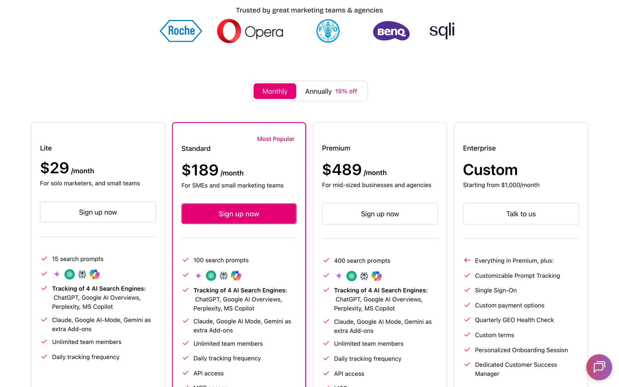 Otterly's pricing cards showing four included engines and add-on pricing for Claude, Gemini and AI Mode