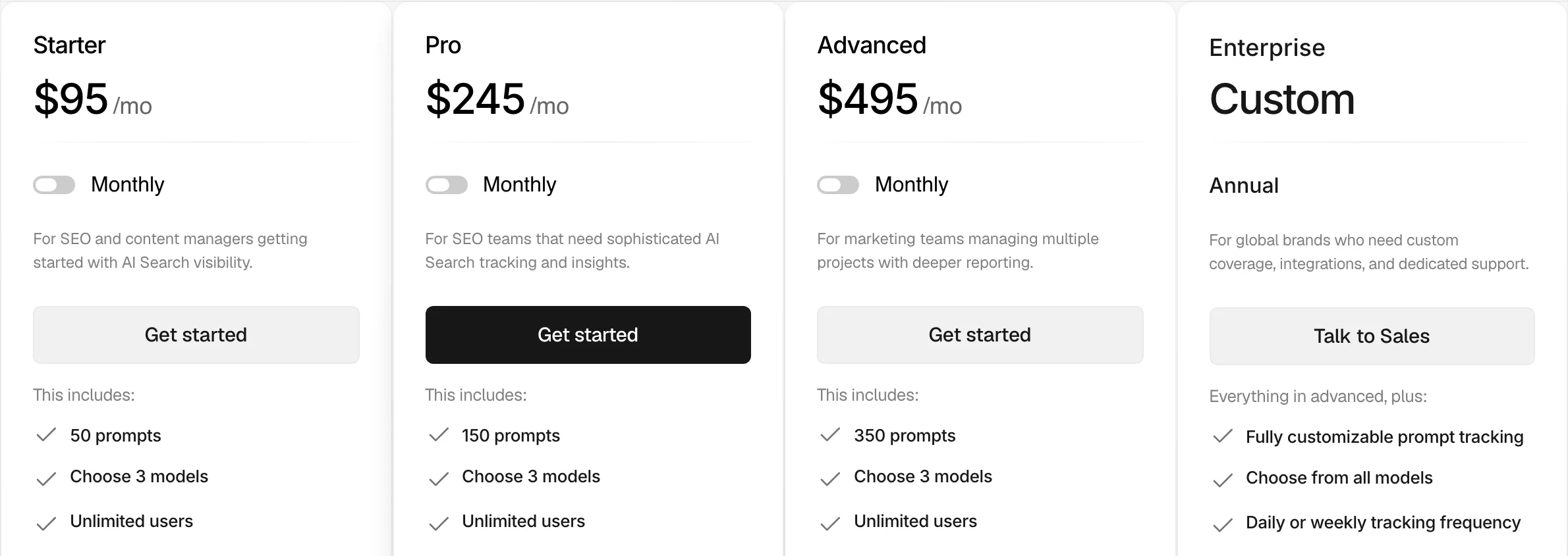 Peec AI's pricing for brands: Starter $95 a month with 50 prompts, Pro $245 with 150 prompts, Advanced $495 with 350 prompts, each choosing 3 models, and a custom Enterprise plan