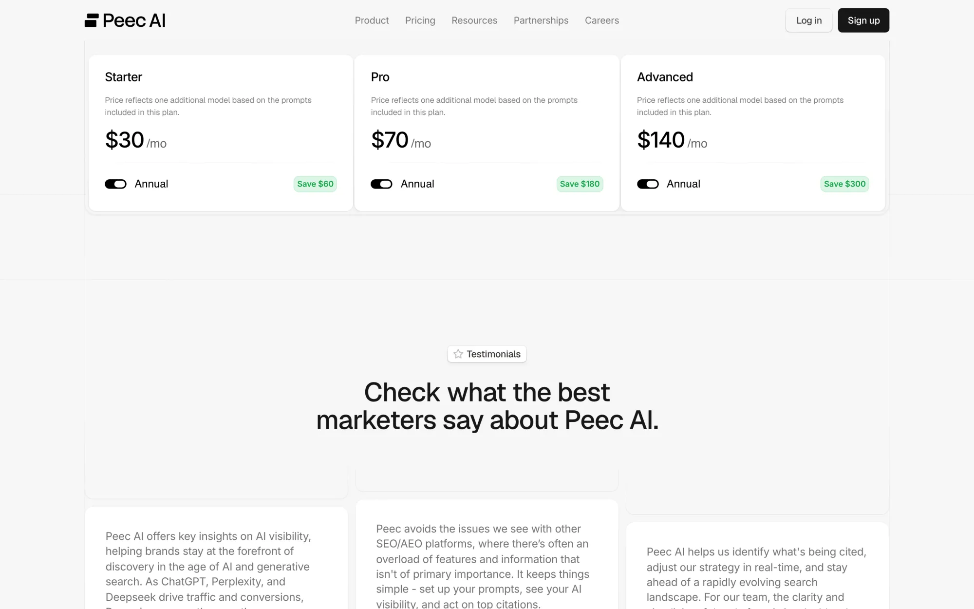 Peec AI's add-on pricing showing extra models at $30, $70 and $140 per month by tier