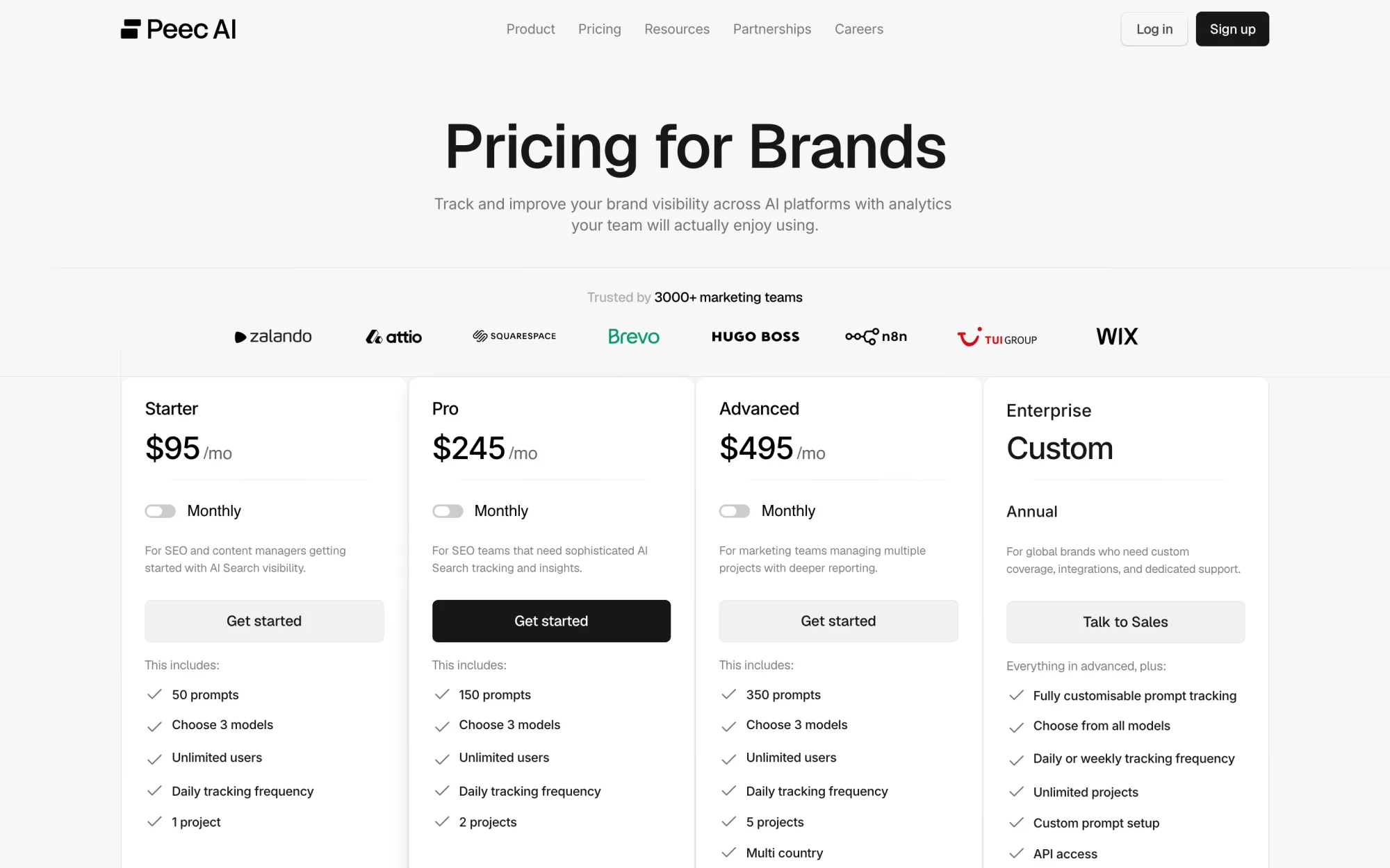 Peec AI's pricing page showing Starter, Pro and Advanced tiers each with three model slots