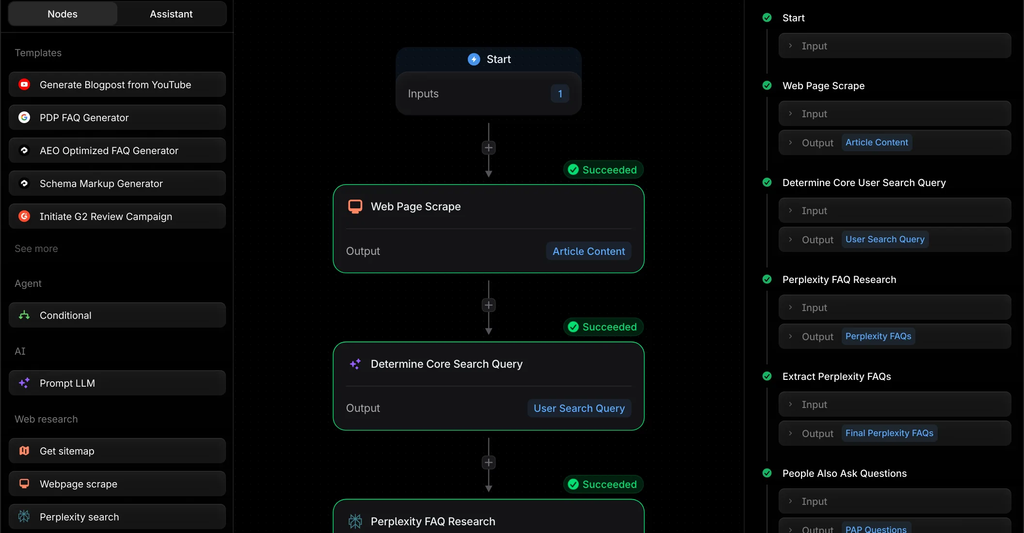 Profound's Agents page showing its workflow builder, with templates such as Generate Blogpost from YouTube and AEO Optimized FAQ Generator beside a flow of research steps