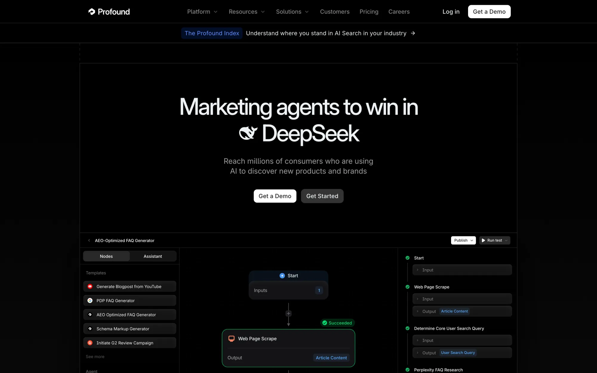Profound's homepage showing its marketing agents workflow builder with nodes for scraping and FAQ generation