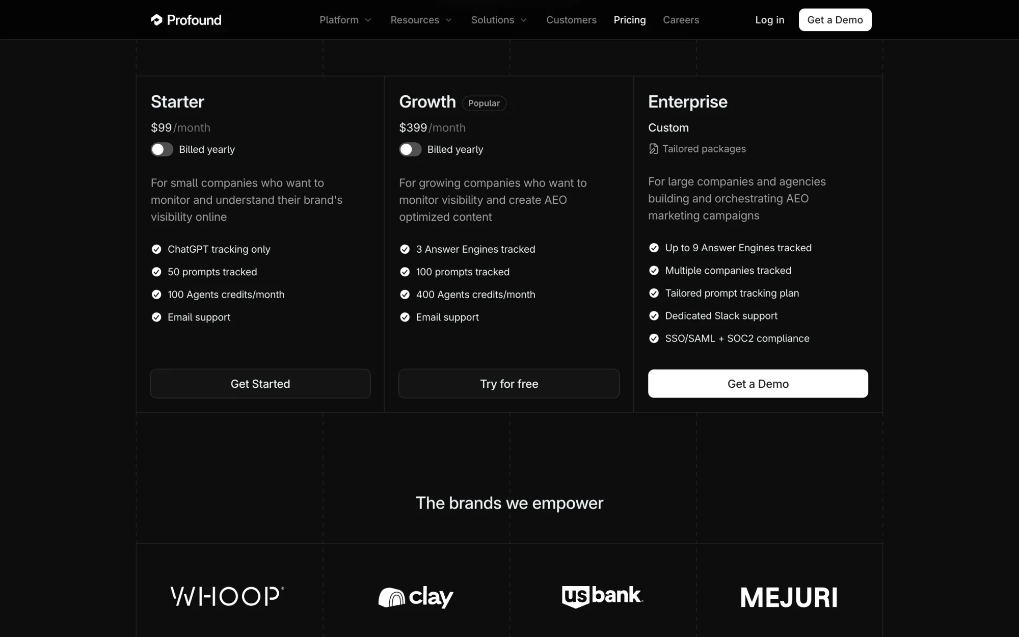 Profound's pricing page showing Starter $99 with ChatGPT only and Growth $399 with three engines