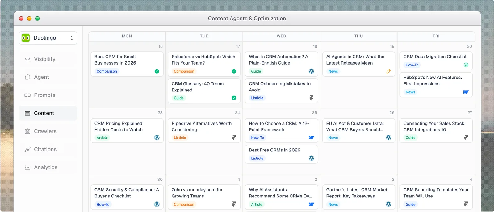 Promptwatch's content agents: a weekly calendar of AI search articles by type