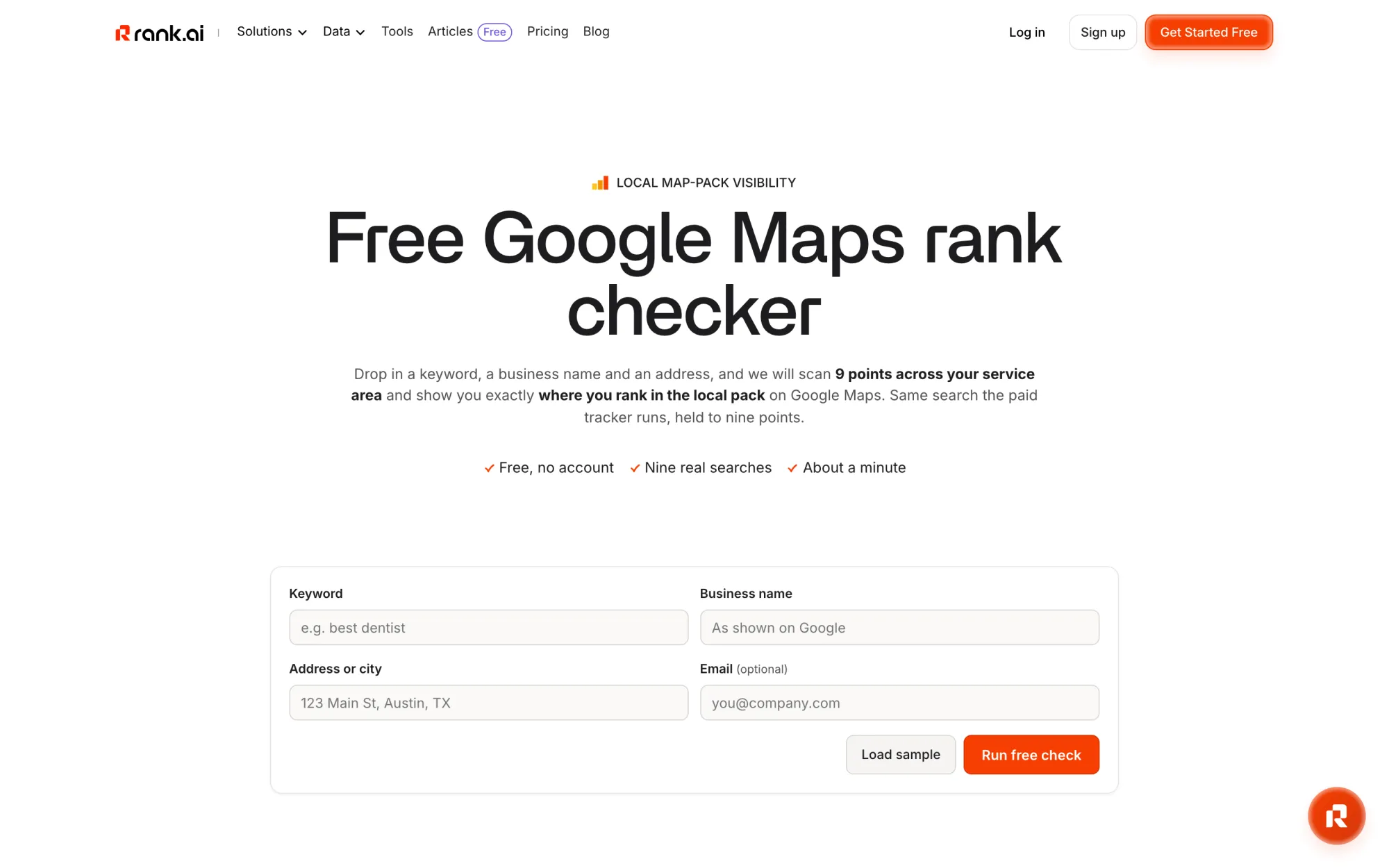 Rank.ai's free Google Maps rank checker scanning nine points across a service area with no account