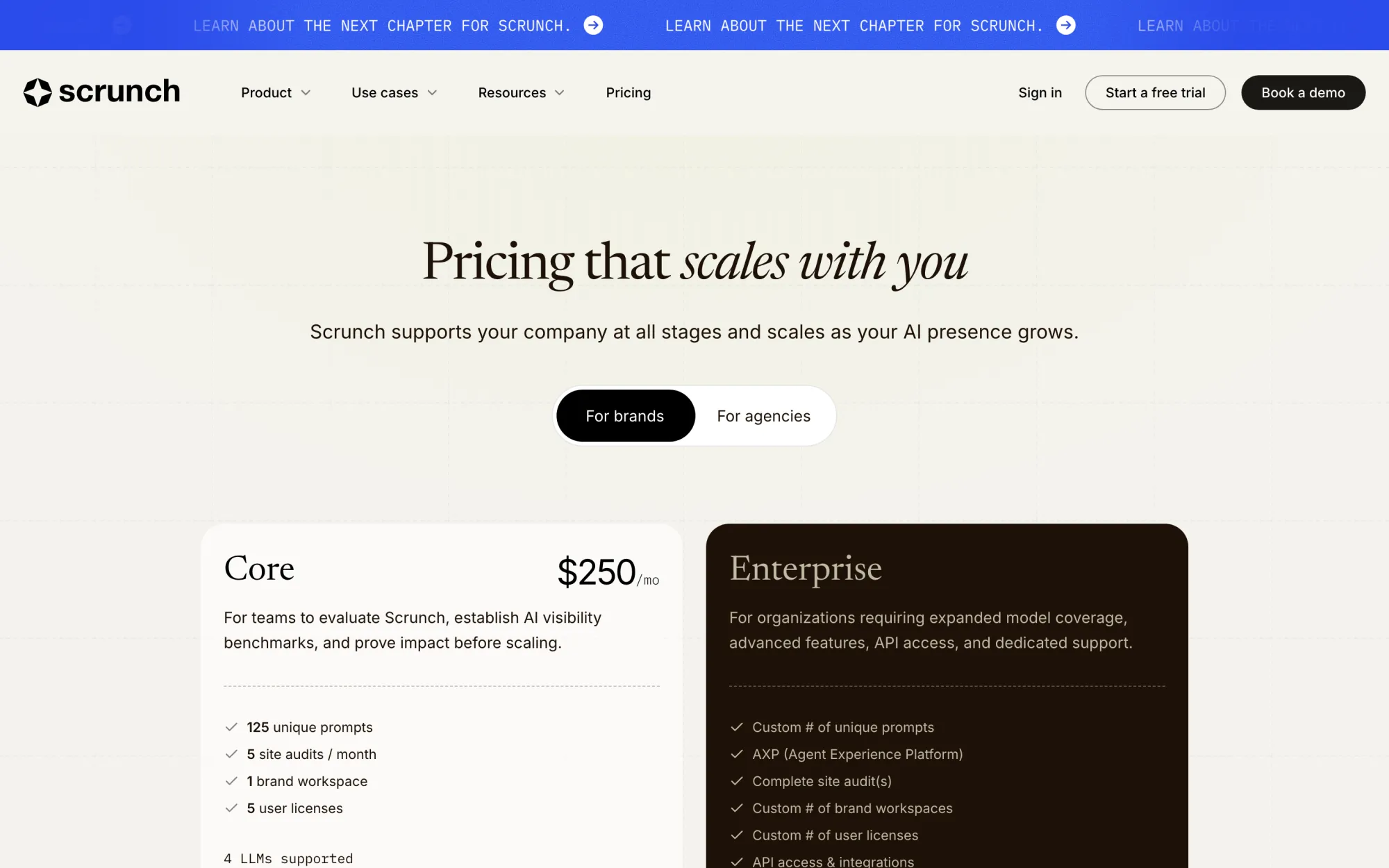 Scrunch's pricing page showing Core at $250 a month with 4 LLMs and custom Enterprise with 9 LLMs
