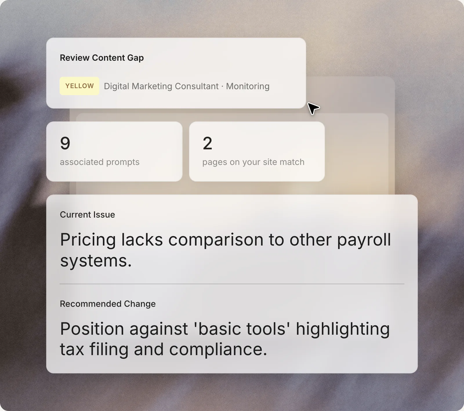 Scrunch's content gap card: associated prompts, matching site pages, the current issue and a recommended change
