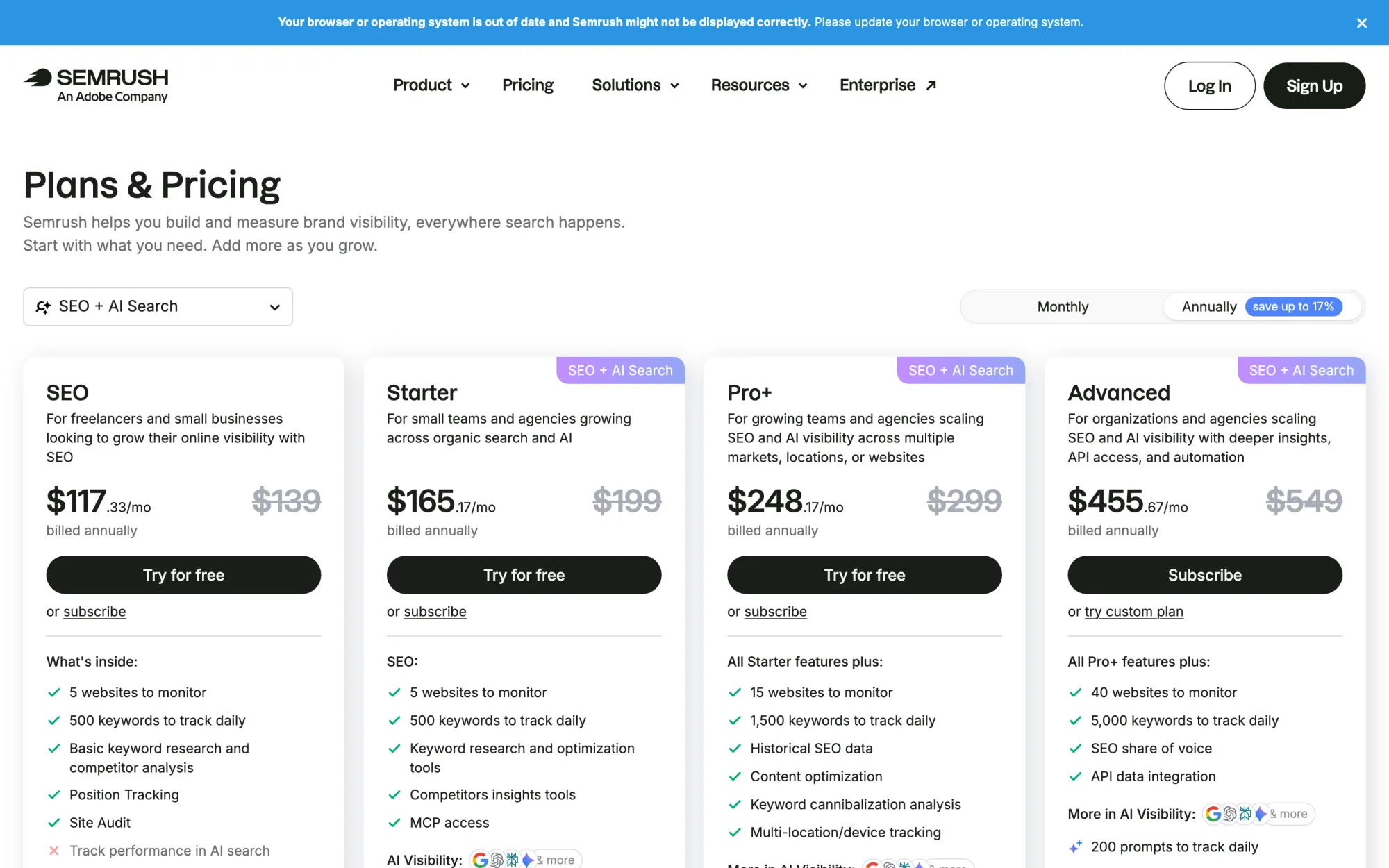 Semrush's pricing page showing four paid tiers with AI prompt tracking metered by tier