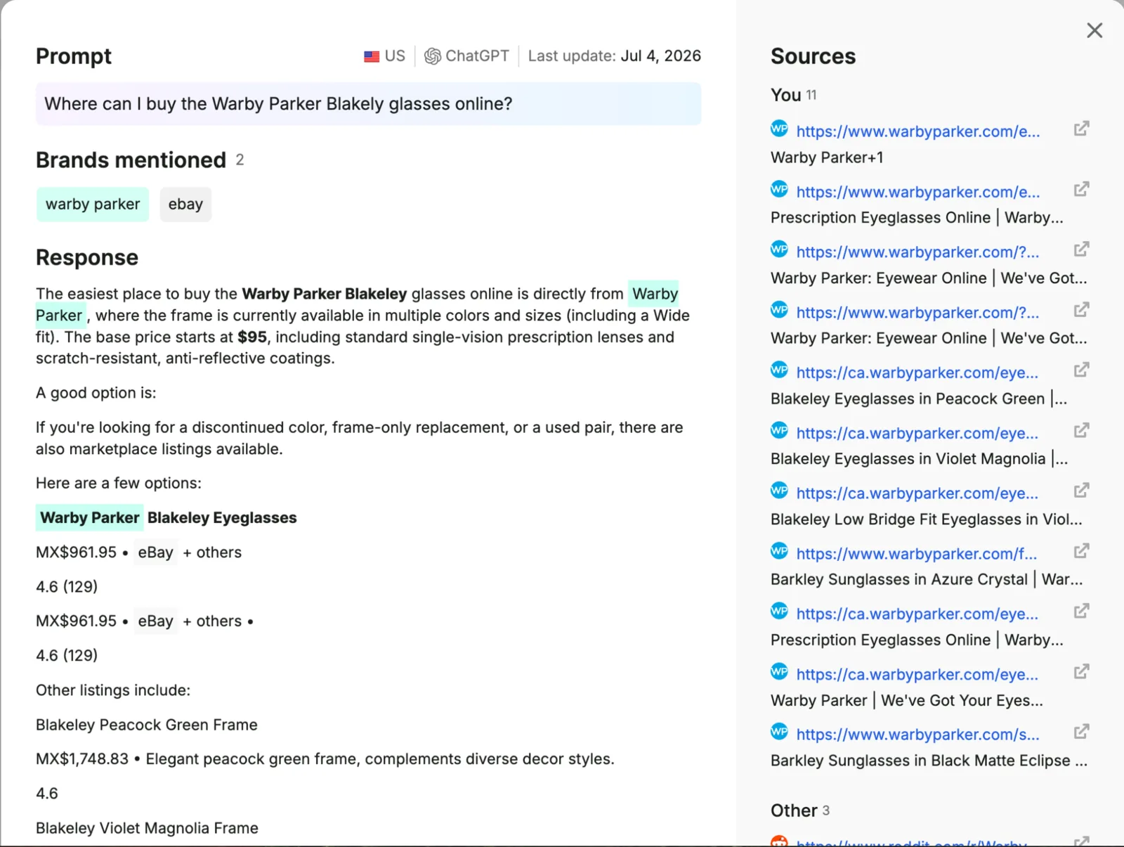Semrush's prompt drill-down: a ChatGPT response with the brands it mentions highlighted and the sources it cites