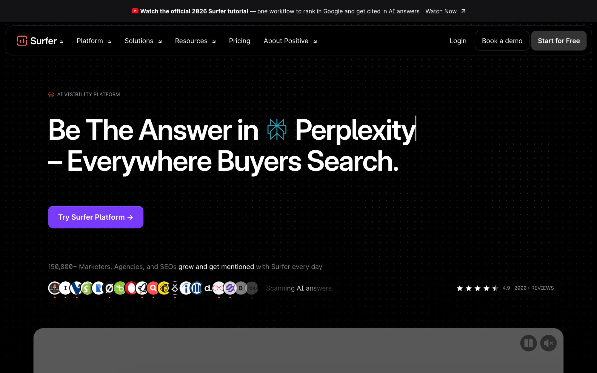 Surfer's homepage showing its content optimization platform