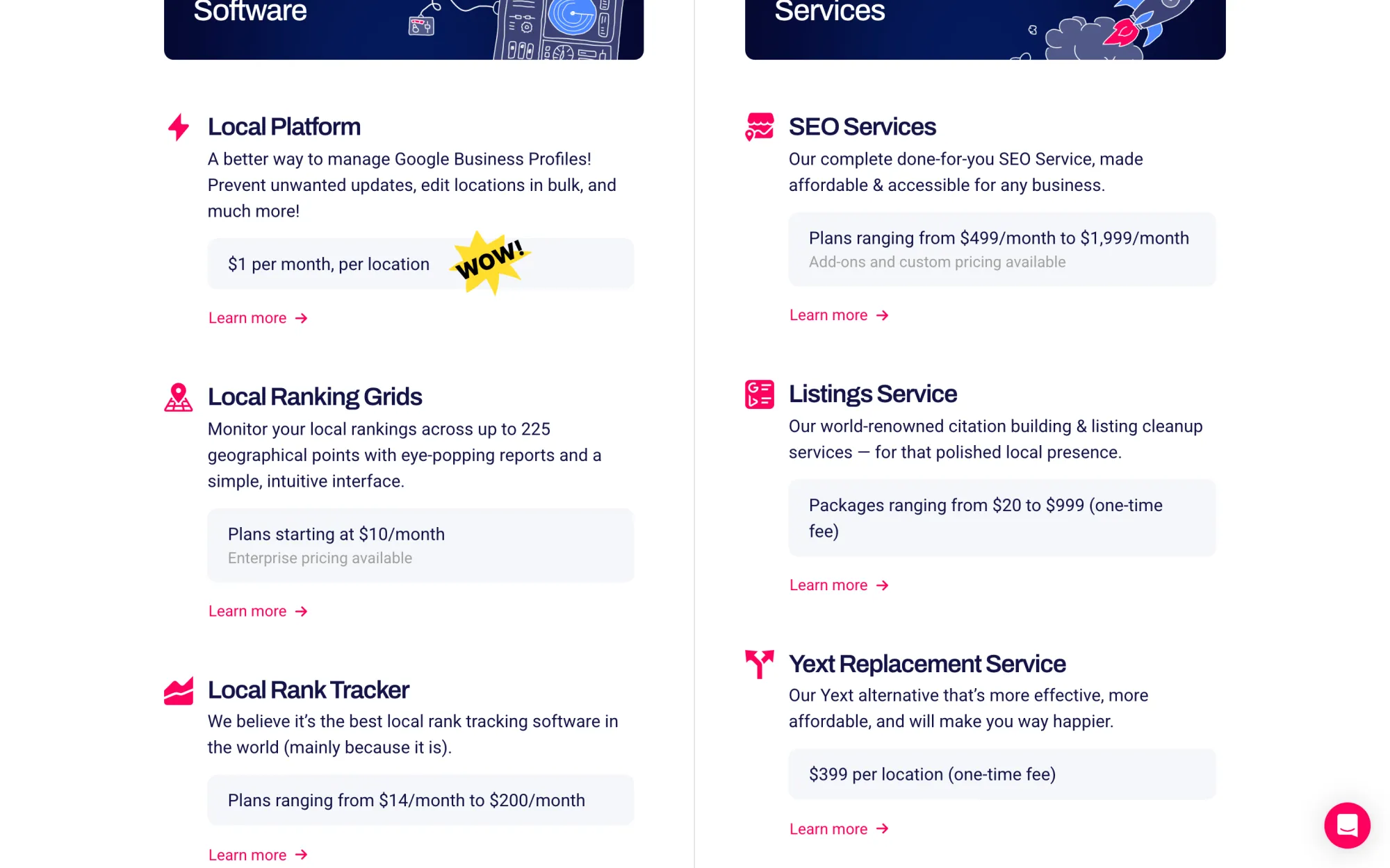 Whitespark's pricing page listing each tool and service with its own price