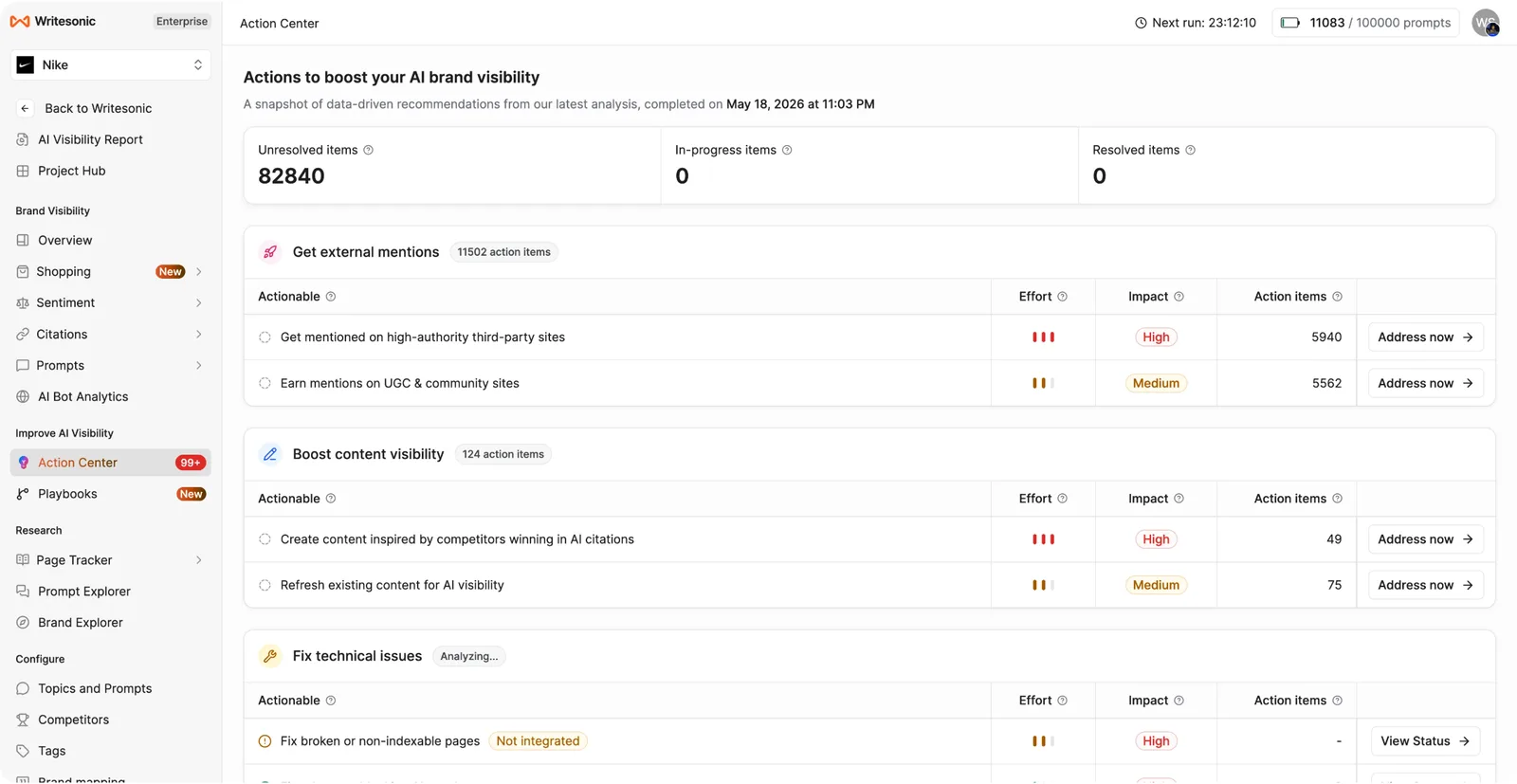 Writesonic's Action Center: prioritised actions to raise AI visibility, rated by effort and impact